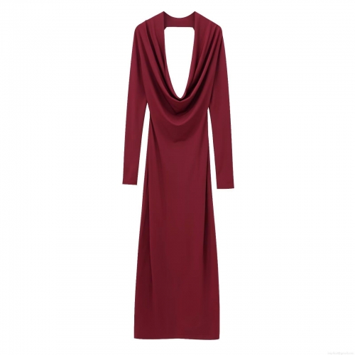 Elegant Burgundy Polyester Cowl Neck Backless Maxi Dress Long Sleeve Pleated Draped Sexy Party Club Dress For Women Evening Celebrity Style