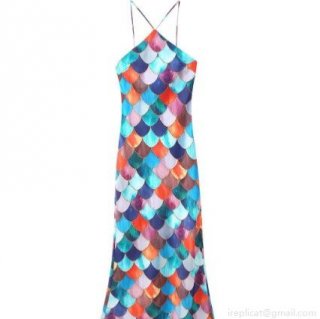 Women's Sexy Satin Halter Maxi Dress Fish Scale Print Criss-cross Back V Neck Sleeveless Polyester Long Dress For Party Beach Vacation