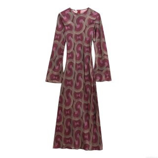 Elegant Women Geometric Circle Print Maxi Dress Polyester Satin Long Sleeve Round Neck Party Evening Clubwear Retro A-Line Long Dress