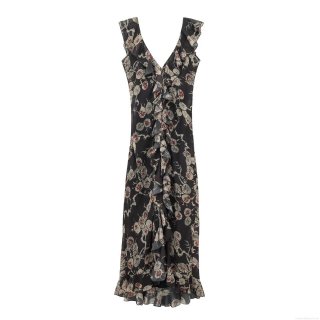 Vintage Floral Print V-Neck Ruffle Sleeveless Maxi Dress With Sexy Slit Elegant Chiffon Long Dress For Women Summer Beach Party