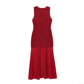 Women Elegant Round Neck Sleeveless Knit Patchwork Pleated Maxi Dress Solid Color Slim Fit Evening Party Long Dress