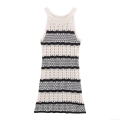 Women Halter Neck Hollow Out Crochet Knitted Mini Dress Sleeveless Color Block Striped Bodycon Sundress For Summer Holiday Beach Party Lady