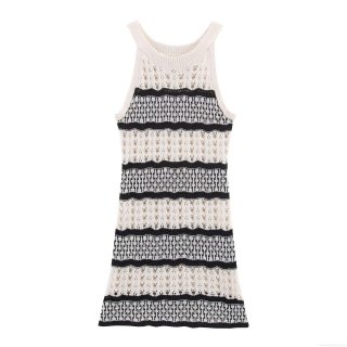 Women Halter Neck Hollow Out Crochet Knitted Mini Dress Sleeveless Color Block Striped Bodycon Sundress For Summer Holiday Beach Party Lady