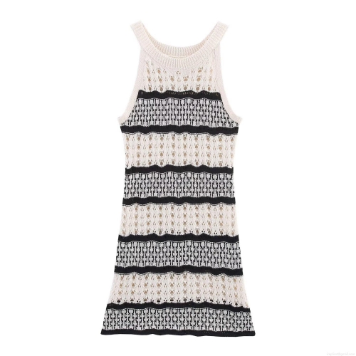 Women Halter Neck Hollow Out Crochet Knitted Mini Dress Sleeveless Color Block Striped Bodycon Sundress For Summer Holiday Beach Party Lady