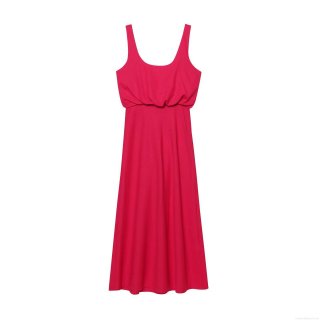 Women Elegant Sleeveless Cotton Linen Pleated Maxi Dress Solid U-Neck High Waist Long Vest Dress For Party Wedding Dating Lady Slimming Gown