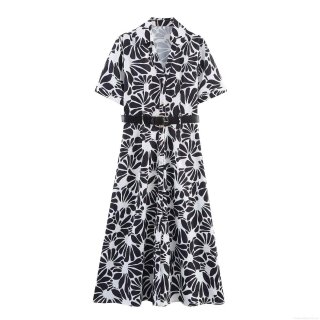 Women's Black and White Floral Print Poplin Maxi Shirt Dress Short Sleeve Button Down Elegant Long Dress With Belt For Daily Vacation Ladies