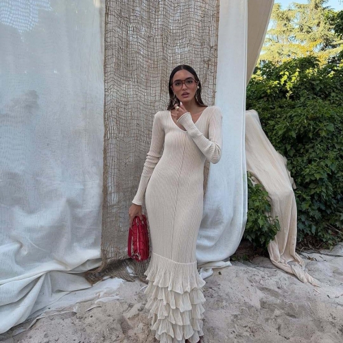 Women's Elegant V Neck Long Sleeve Ribbed Knitted Dress Sexy Backless Ruffle Hem Mermaid Maxi Dress For Party Vacation Solid Color Bodycon Long Dresses