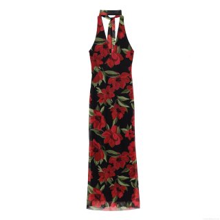 Vintage Red Floral Print Halter Maxi Dress For Women Elegant Sleeveless Mesh Patchwork Bodycon Long Party Dress For Summer Vacation Evening