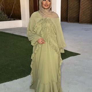 Women's Muslim Maxi Dress Elegant Tiered Ruffle Layered Chiffon Abaya Long Sleeve V Neck Solid Color Dress With Hijab For Wedding Party Evening Prayer Modest Kaftan