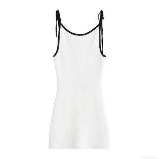 Women's Sexy Backless Knitted Sling Mini Dress Elegant Contrast Binding U-Neck Sleeveless Bodycon Short Dress for Summer Party Socialite Style