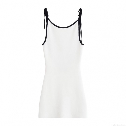 Women's Sexy Backless Knitted Sling Mini Dress Elegant Contrast Binding U-Neck Sleeveless Bodycon Short Dress for Summer Party Socialite Style