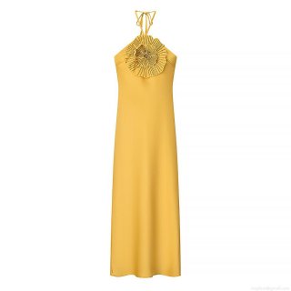 Women's Elegant Halterneck Maxi Dress Satin Polyester With 3D Flower Rhinestone Backless Evening Party Gown Celebrity Style Yellow Long Dress