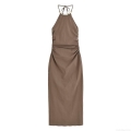Elegant Women's Halterneck Midi Dress Sexy Backless Ruched Bodycon Party Dress With Metal Ring Decoration Sleeveless Brown Summer Long Dress
