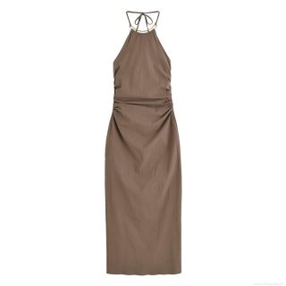 Elegant Women's Halterneck Midi Dress Sexy Backless Ruched Bodycon Party Dress With Metal Ring Decoration Sleeveless Brown Summer Long Dress