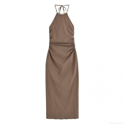 Elegant Women's Halterneck Midi Dress Sexy Backless Ruched Bodycon Party Dress With Metal Ring Decoration Sleeveless Brown Summer Long Dress