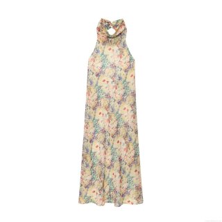 Women's Elegant Floral Print Halter Maxi Dress Backless V-Neck Pearl Chiffon Long Sundress For Vacation Party Wedding Guest Bohemian Chic Style