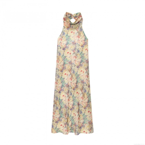 Women's Elegant Floral Print Halter Maxi Dress Backless V-Neck Pearl Chiffon Long Sundress For Vacation Party Wedding Guest Bohemian Chic Style