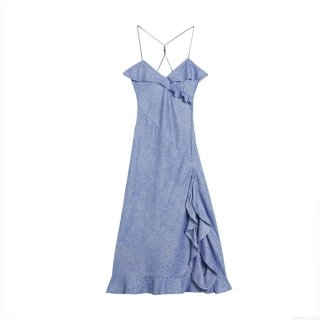 Elegant Royal Blue V-Neck Maxi Dress Faux Linen Ruffle Strap Sleeveless Backless Tiered Split Summer Sundress For Women Vacation Party Wear