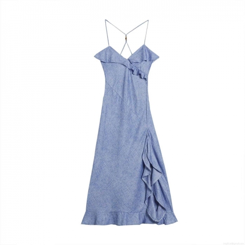 Elegant Royal Blue V-Neck Maxi Dress Faux Linen Ruffle Strap Sleeveless Backless Tiered Split Summer Sundress For Women Vacation Party Wear