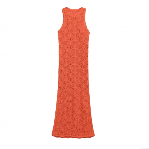 Women's Sexy Hollow Out Crochet Maxi Dress Mercerized Cotton Sleeveless Round Neck Orange Red Knitted Bodycon Long Dress For Beach Vacation Party