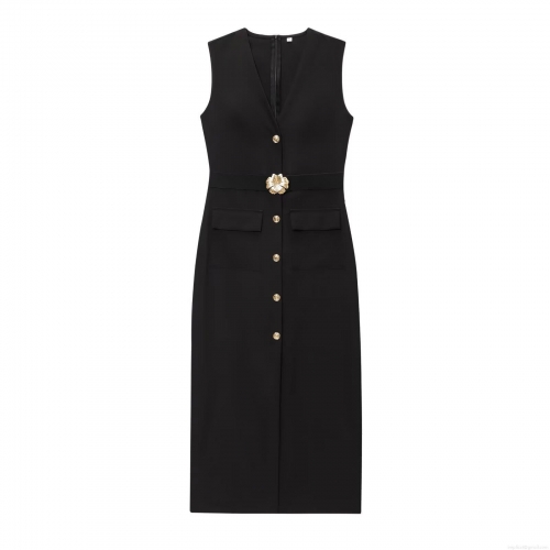 Elegant Women V-Neck Sleeveless Polyester Bodycon Dress With Gold Lion Head Buttons And Flower Belt Sexy Back Split Midi Dress For Evening Party Date