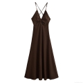 Women's Elegant Beaded Strap Cross Neck Backless Maxi Dress Solid Color Summer Beach Party Midi Long Dress Polyester Fabric