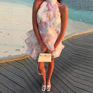 Floral Print Halter Neck Mini Dress Polyester Backless Layered Ruffle Hem Sundress for Women Vacation Party Elegant Chiffon Style