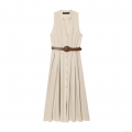Elegant Women's V-Neck Sleeveless Button Front Maxi Dress With Belt Solid Color Polyester Cotton Linen-textured Summer Midi Dress