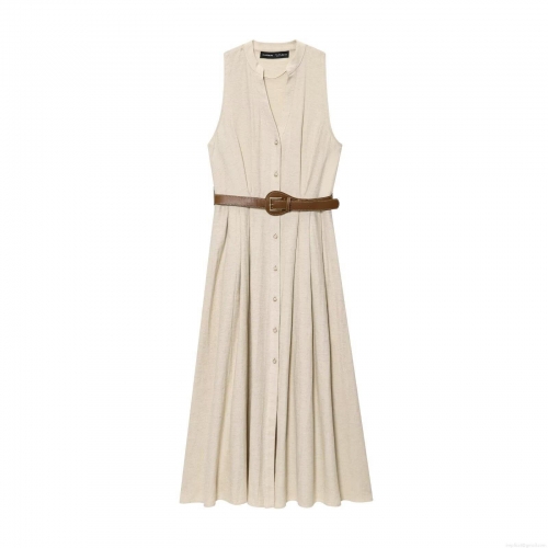 Elegant Women's V-Neck Sleeveless Button Front Maxi Dress With Belt Solid Color Polyester Cotton Linen-textured Summer Midi Dress