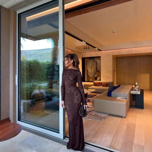 Women Elegant Lace Long Sleeve Maxi Dress Round Neck Slim Fit Slit Floor Length Polyester Gown For Evening Party Ladies Solid Color Coffee