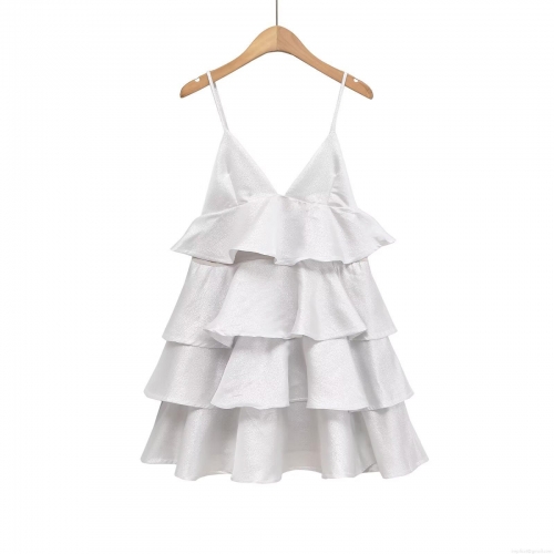Women's Sexy V-Neck Tiered Mini Dress Spaghetti Strap Ruffle Satin Metallic Sheen Party Evening Dress Elegant Sleeveless Short Cake Dress