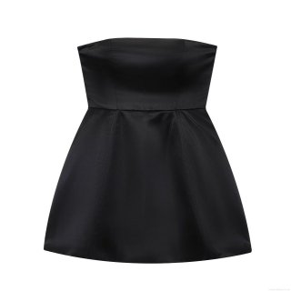 Women Sexy Black Satin Strapless Mini Dress Lace Up Back Tube Top Slim Fit A-Line Party Club Cocktail Evening Dress Solid Color Sleeveless Outfits