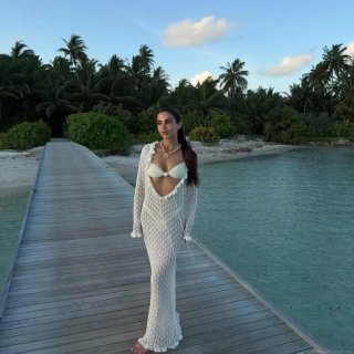 Women's V-Neck Crochet Knitted Maxi Dress Long Sleeve Hollow Out Ruffle Tie Front Beach Cover Up Resort Wear Elegant Off-White Polyester Dress