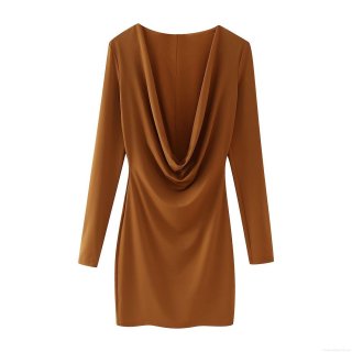 Women Elegant Cowl Neck Backless Long Sleeve Mini Dress Solid Color 100% Polyester Silk Texture Slim Fit Sexy Party Nightclub Dress