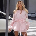 Elegant Pink Long Sleeve Mini Dress For Women Featuring 3D Rose Flower Decoration Ruffle Flare Sleeve Bodycon Chiffon Dress For Party Vacation Clubwear