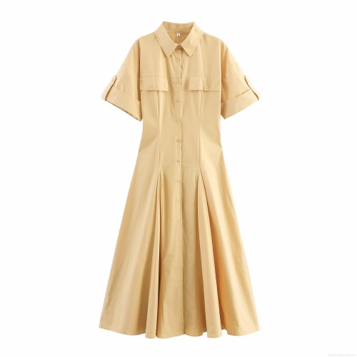 Women's Short Sleeve Shirt Dress Elegant Single Breasted Maxi Dress With Pockets Pleated Waist Office Casual Faux Tinsel Long Dress