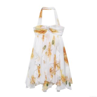 Elegant Women Halter Neck Floral Print Mini Dress 100% Polyester Chiffon Ruffle Backless Summer Vacation Party Dress With Starfish Rhinestone Brooch