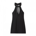 Women Halter Neck Mini Dress Elegant Bow Tie Cut Out Bodycon Party Clubwear Socialite Style Solid Black Sleeveless Polyester Sexy Short Dress