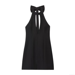 Women Halter Neck Mini Dress Elegant Bow Tie Cut Out Bodycon Party Clubwear Socialite Style Solid Black Sleeveless Polyester Sexy Short Dress