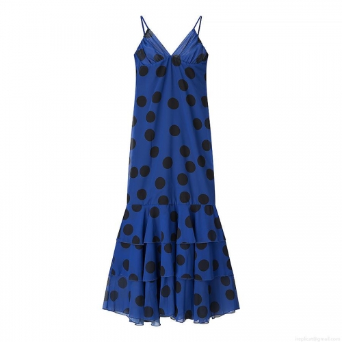 Women's Elegant Polka Dot Maxi Dress Sexy V-Neck Spaghetti Strap Chiffon Ruffle Tiered Mermaid Hem Party Long Dress Evening Outfits