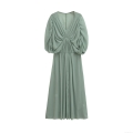 Women Elegant V Neck Pleated Sage Green Chiffon Maxi Dress Puffed Half Sleeve High Waist A Line Long Dress For Party Wedding Banquet Lady Dress