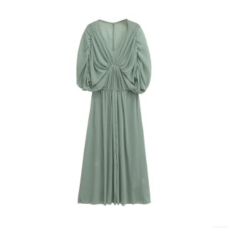 Women Elegant V Neck Pleated Sage Green Chiffon Maxi Dress Puffed Half Sleeve High Waist A Line Long Dress For Party Wedding Banquet Lady Dress