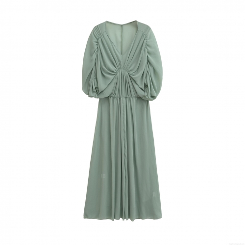 Women Elegant V Neck Pleated Sage Green Chiffon Maxi Dress Puffed Half Sleeve High Waist A Line Long Dress For Party Wedding Banquet Lady Dress
