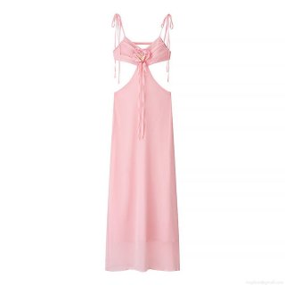 Elegant Pink 3D Orchid Flower Cami Dress Women Sexy Hollow Out Backless Satin Long Maxi Dress For Party Evening Club Cocktail Wear