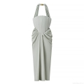Elegant Sage Green Satin Halter Neck Maxi Dress For Women Sleeveless Pleated Backless Evening Party Gown With Metal Buckle Detail