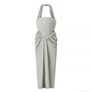 Elegant Sage Green Satin Halter Neck Maxi Dress For Women Sleeveless Pleated Backless Evening Party Gown With Metal Buckle Detail