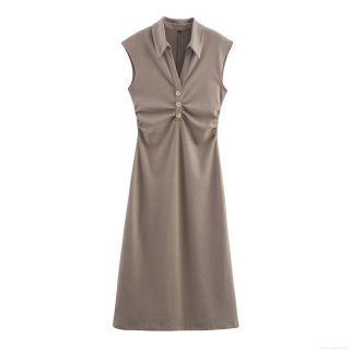 Women's Sleeveless Polo Collar Midi Dress Cotton Blend Knit Fabric With Gold Buttons And Pleated Waist For Elegant Office Wear