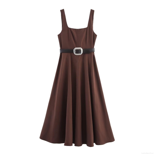 Elegant Women Square Neck Sleeveless Midi Dress With Metal Buckle Belt A-Line Silhouette Polyester Fabric Dress For Party Office Casual Evening Wear