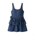 Women Elegant Denim Polyester Dress With 3D Flower Decor Ruffle Flounce Hem Spaghetti Straps Metal Zipper Sexy Backless Mini Dress For Party Dating