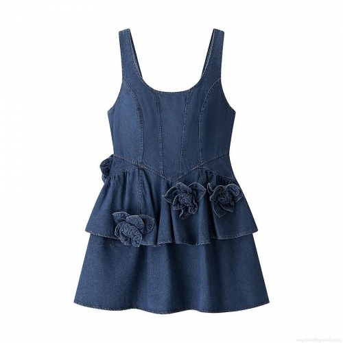 Women Elegant Denim Polyester Dress With 3D Flower Decor Ruffle Flounce Hem Spaghetti Straps Metal Zipper Sexy Backless Mini Dress For Party Dating